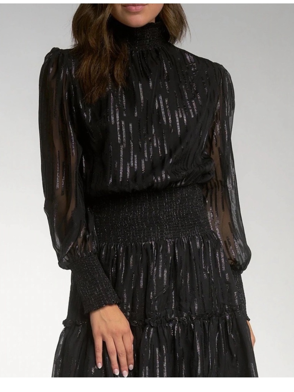 Elan Black midi Dress Metallic silver Sheen Long-Sleeve Tiered Party holiday S M